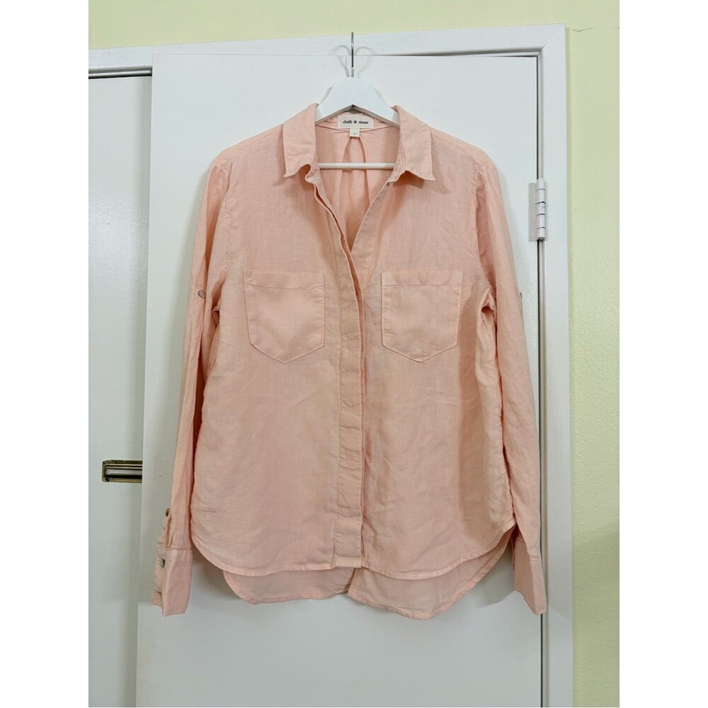 Cloth & Stone 100% Linen Button Up Shirt Soft Blush Pink Relaxed Roll Tab Size L